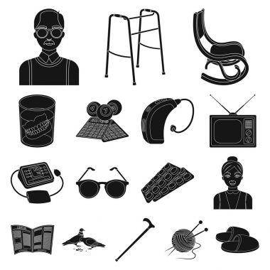 Set koleksiyonu tasarım için insan yaşlılık siyah simgeler. Emekli, hayat vektör simge stok web resimde nokta.