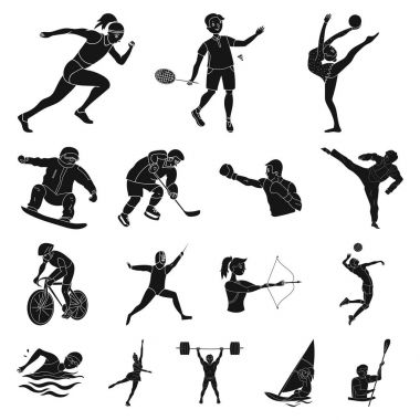 Spor çeşitleri set koleksiyonu tasarım için simgeler siyah. Atlet, yarışmalar sembol stok web illüstrasyon vektör.