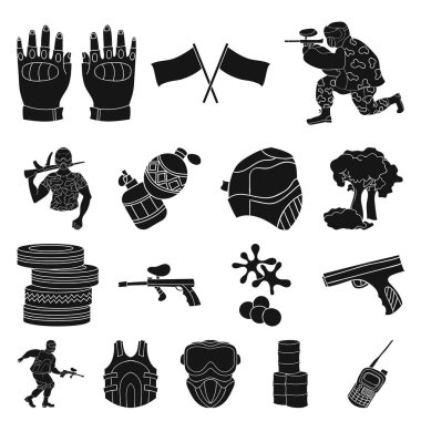 Paintball takım set koleksiyonu tasarım için oyun siyah simgeler. Ekipman ve kıyafet sembol stok web illüstrasyon vektör.