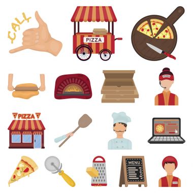 Set koleksiyonu tasarım için pizza ve pizza karikatür simgeler. Personel ve ekipman sembol stok web illüstrasyon vektör.