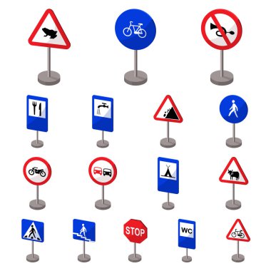 Yol işaretleri farklı set koleksiyonu tasarım için simgeleri karikatür. Uyarı ve yasağı işaretler sembol stok web illüstrasyon vektör.