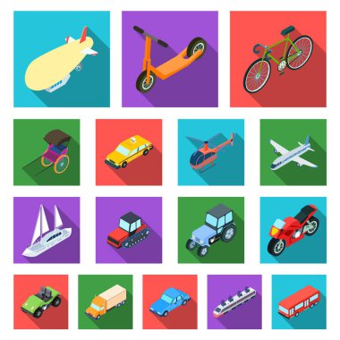 Set koleksiyonu tasarım için taşıma düz simgeler farklı türleri. Araba ve gemi izometrik vektör simge stok web çizimi.