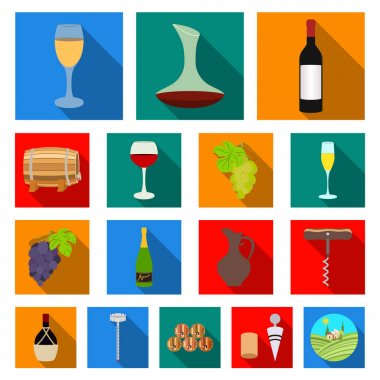 Şarap ürünleri set koleksiyonu tasarım için düz simgeler. Sembol stok web illüstrasyon vektör ekipman ve şarap üretimi.