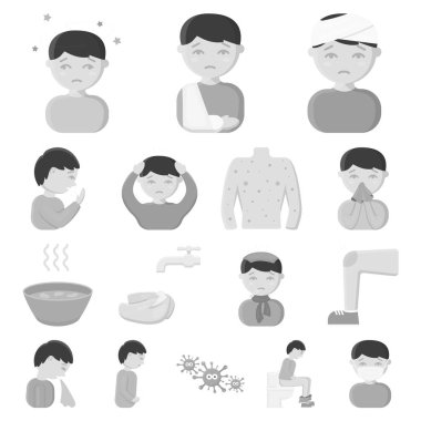 Set koleksiyonu tasarım için hasta adam tek renkli simgeler. Hastalık ve tedavi sembol stok web illüstrasyon vektör.