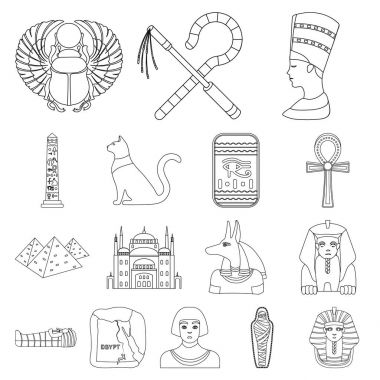 Set koleksiyonu tasarım için antik Mısır anahat simgeleri. Firavun saltanatı sembol stok web illüstrasyon vektör.