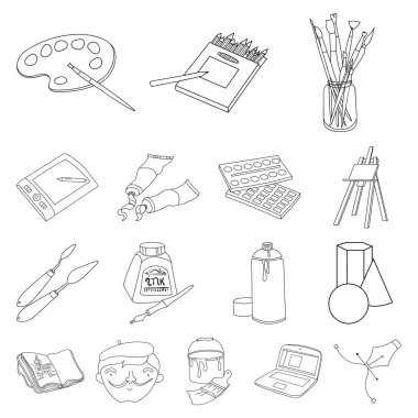 Ressam ve set koleksiyonu tasarım için çizim anahat simgeleri. Sanatsal aksesuarları sembol stok web illüstrasyon vektör.