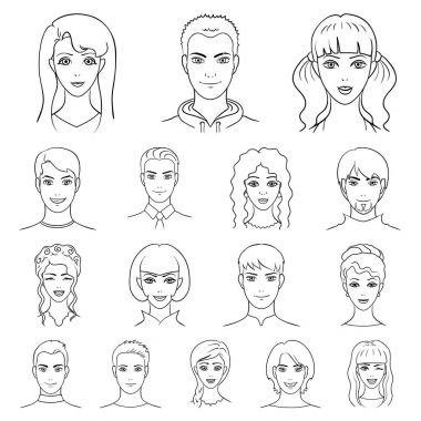 Set koleksiyonu tasarım için Avatar ve yüz anahat simgeleri. Bir kişi görünümü vektör simge stok web çizim.