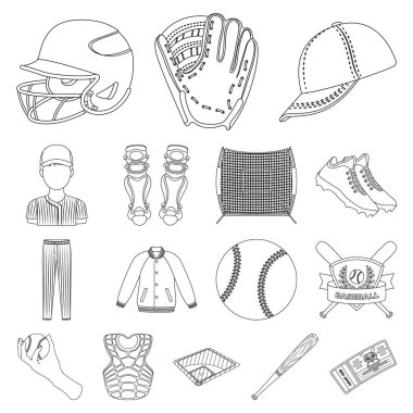 Beyzbol ve öznitelikleri set koleksiyonu tasarım için simgeleri anahat. Sembol stok web illüstrasyon vektör beyzbol oyuncusu ve ekipman.