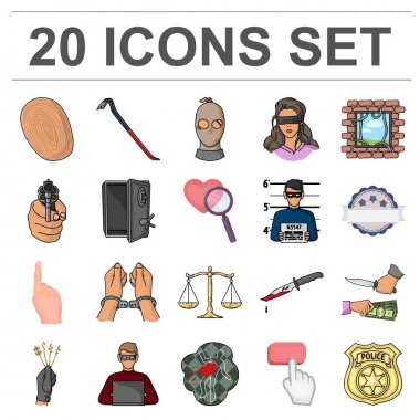 Suç ve ceza set koleksiyonu tasarım için simgeleri karikatür. Suç vektör simge stok web çizim.