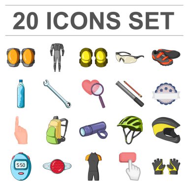 Set koleksiyonu tasarım için bisiklet kıyafeti karikatür simgeler. Bisiklet ve araç vektör simge stok web çizim.