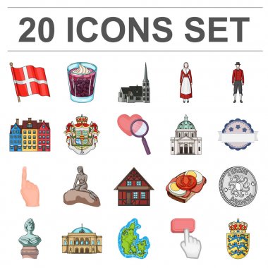 Set koleksiyonu tasarım için ülke Danimarka karikatür simgeler. Seyahat ve etkinlikler Danimarka sembol stok web illüstrasyon vektör.