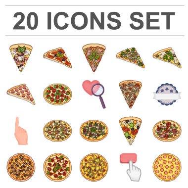 Set koleksiyonu tasarım için farklı pizza karikatür simgeler. Pizza yemek vektör simge stok web çizim.