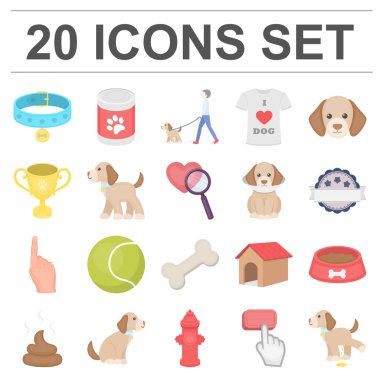 Köpek karikatür simgeleri set koleksiyonu tasarım için evde beslenen hayvan. Köpek yavrusu vektör simge stok web çizim için bakım.