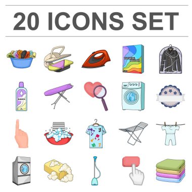 Kuru Temizleme donanımları karikatür simgeleri set koleksiyonu tasarım için. Yıkama ve giyim Ütü sembol stok web illüstrasyon vektör.