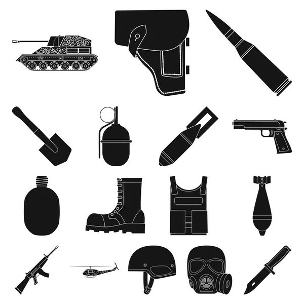 Exército e armamentos ícones pretos na coleção de conjuntos para design. Ilustração da web de estoque de símbolos vetoriais de armas e equipamentos . — Vetor de Stock