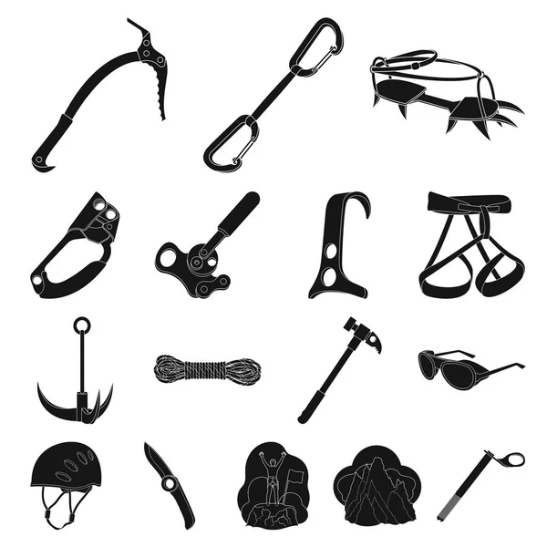 Mountaineering and climbing black icons in set collection for design. Equipment and accessories vector symbol stock web illustration. — Stock Vector