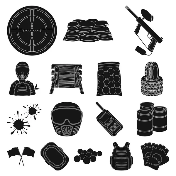 Paintball, team spel zwarte iconen in set collectie voor design. Uitrusting en outfit vector symbool voorraad web illustratie. — Stockvector