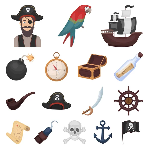 Pirat, morze rabuś kreskówka ikony w kolekcja zestaw do projektowania. Skarby, atrybuty wektor ilustracja symbol zasobów sieci web. — Wektor stockowy