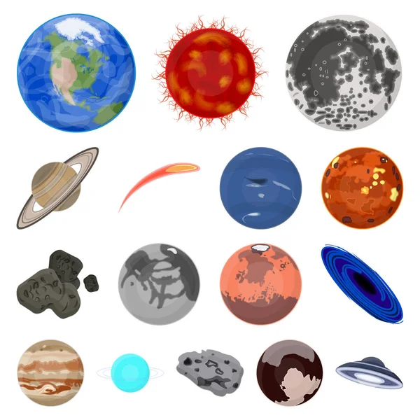 Planetas del sistema solar iconos de dibujos animados en la colección de conjuntos para el diseño. Cosmos y astronomía vector símbolo stock web ilustración . — Archivo Imágenes Vectoriales