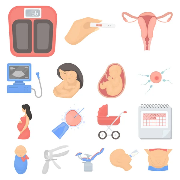 Kvinna och graviditet tecknad ikoner i set insamling för design. Gynekologi och utrustning vektor symbol lager web illustration. — Stock vektor