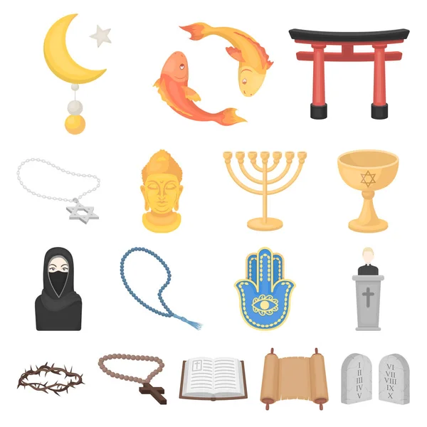Religión y creencias iconos de dibujos animados en la colección de conjuntos para el diseño. Accesorios, oración vector símbolo stock web ilustración . — Vector de stock