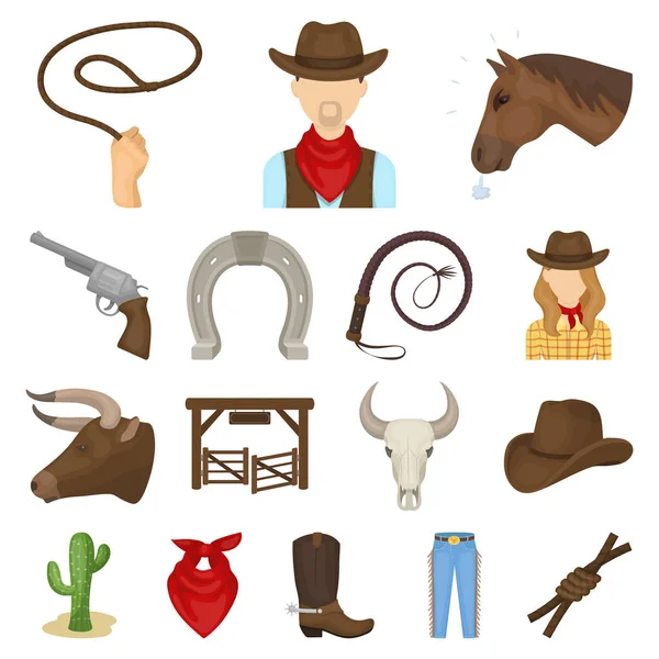 Rodeo, verseny rajzfilm ikonok beállítása gyűjtemény a design. Cowboy és berendezések vektor szimbólum állomány honlap illusztráció. — Stock Vector