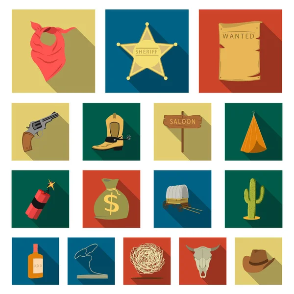 Attributi del selvaggio west icone piatte in collezione set per design.Texas e America vettoriale simbolo stock web illustrazione . — Vettoriale Stock