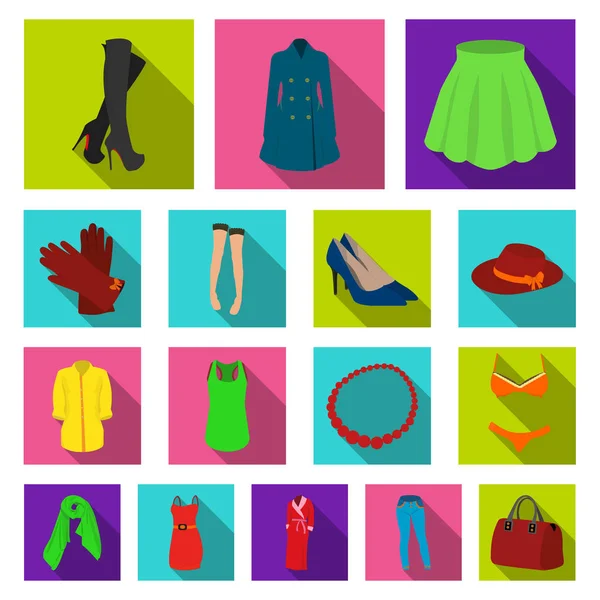 Frauen Kleidung flache Symbole in Set-Kollektion für Design. Bekleidungsvarianten und Accessoires Vektor-Symbol Stock Web-Illustration. — Stockvektor