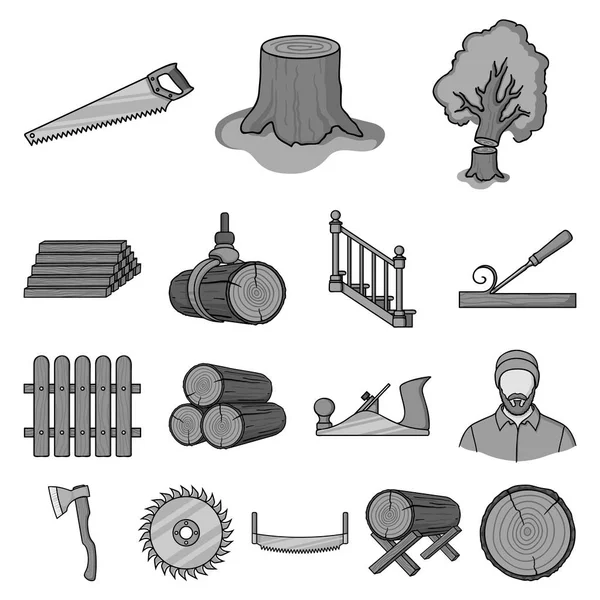 Sawmill and Timber monochrome icons in set collection for design. Hardware and Tools vector symbol stock web illustration. — Stock Vector