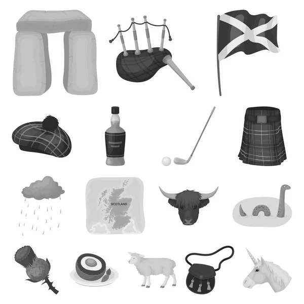 País Escocia iconos monocromáticos en colección de conjuntos para el diseño. Turismo, cultura y tradición vector símbolo stock web ilustración . — Vector de stock