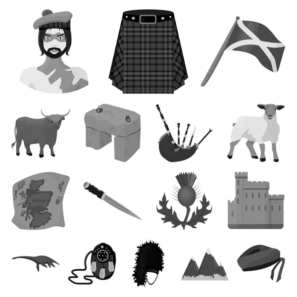 País Escocia iconos monocromáticos en colección de conjuntos para el diseño. Turismo, cultura y tradición vector símbolo stock web ilustración . — Vector de stock