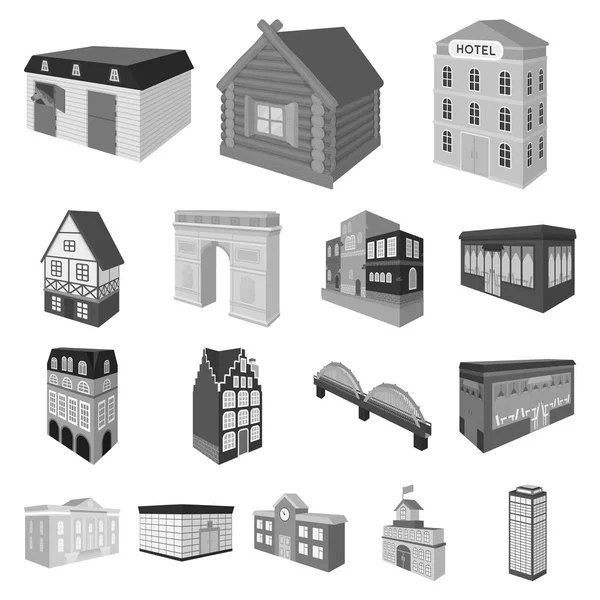 Gebäude und Architektur monochrome Symbole in Set-Sammlung für Design. Der Bau- und Wohnungsvektor isometrisches Symbol Stock Web-Illustration. — Stockvektor