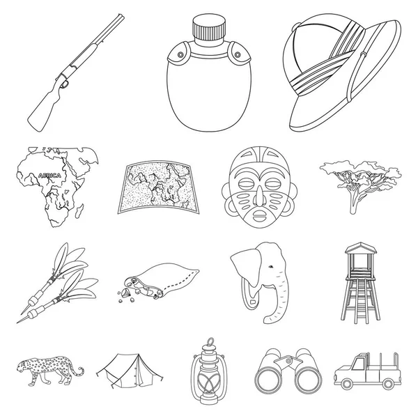 African Safari outline icons in set collection for design. Trophies and equipment for Safari vector symbol stock web illustration. — Stock Vector