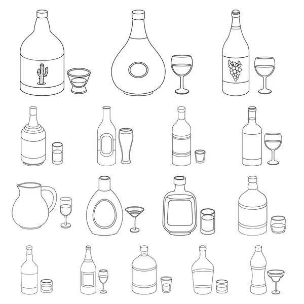Είδη αλκοόλ περίγραμμα εικονίδια στη συλλογή σετ για σχεδιασμό. Αλκοόλ σε μπουκάλια διάνυσμα σύμβολο μετοχής web εικονογράφηση. — Διανυσματικό Αρχείο