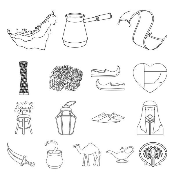 Ülke Birleşik Arap Emirlikleri set koleksiyonu tasarım için simgeleri anahat. Turizm ve cazibe simge stok web illüstrasyon vektör.