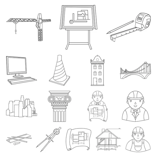 Mimarlık ve inşaat set koleksiyonu tasarım için simgeleri anahat. Mimar ve ekipman sembol stok web illüstrasyon vektör.