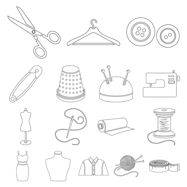 Atelier und Nähen umreißen Symbole in Set-Kollektion für Design. Ausrüstung und Werkzeuge zum Nähen von Vektor-Symbolen. — Stockvektor