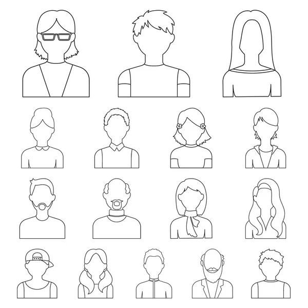 Avatar en gezicht overzicht pictogrammen in set collectie voor design. Een personen uiterlijk symbool voorraad web vectorillustratie. — Stockvector