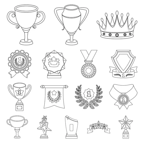 Trofeje a ocenění je uveden přehled ikon v kolekce sady pro design. Odměnu a ocenění symbol akcií webové vektorové ilustrace. — Stockový vektor