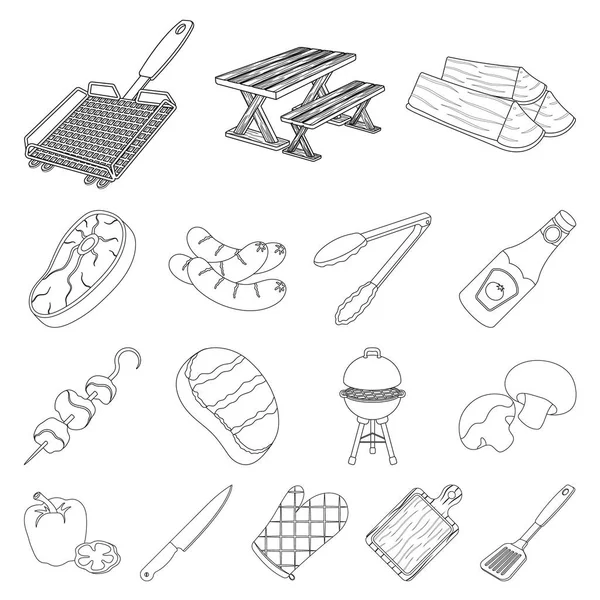 Grill i sprzęt konturu ikony w kolekcja zestaw do projektowania. Piknik i smażone jedzenie symbol web czas ilustracja wektorowa. — Wektor stockowy