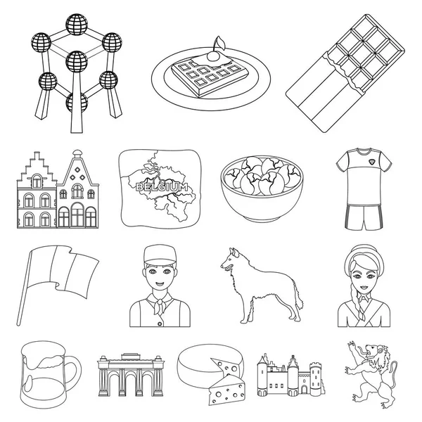 Ülke Belçika anahat simgeleri set koleksiyonu tasarım için. Seyahat ve konumlar Belçika sembol stok web illüstrasyon vektör.