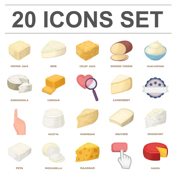 Diferentes tipos de iconos de dibujos animados de queso en la colección de conjuntos para design.Milk producto queso vector símbolo stock web ilustración . — Archivo Imágenes Vectoriales