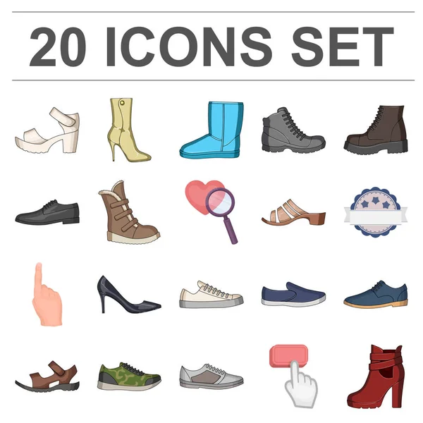 Verschillende schoenen cartoon pictogrammen in set collectie voor design. Mens en womens schoenen symbool voorraad web vectorillustratie. — Stockvector