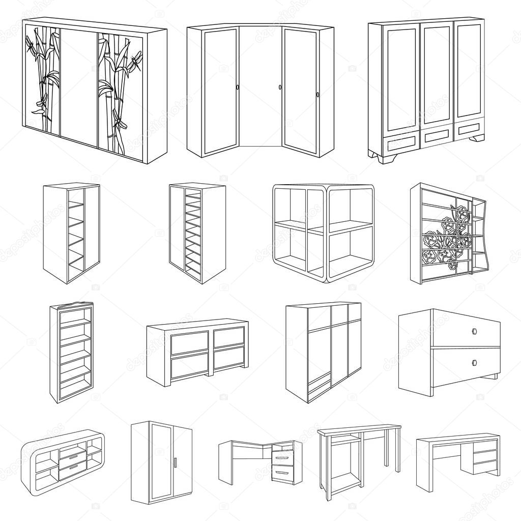 Bedroom furniture outline icons in set collection for design. Modern wooden furniture isometric vector symbol stock  illustration.