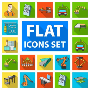 Ekipman ve makine düz simgeler set koleksiyonu tasarım için. Fabrika vektör simge stok web çizim teknik ilerleme.