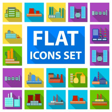 Fabrika ve tesisleri set koleksiyonu tasarım için simgeleri düz. Sembol stok web illüstrasyon vektör fabrikası ve donanımları.