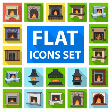 Şömine çeşitleri set koleksiyonu tasarım için simgeleri düz. Şömineler inşaat vektör simge stok web çizimi.