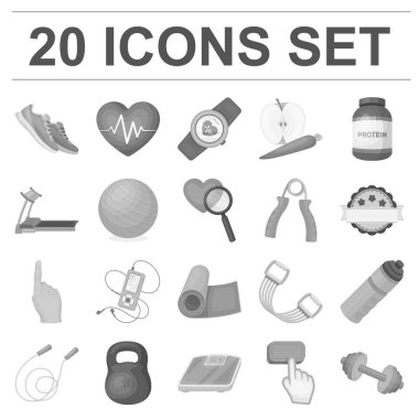 Spor salonu ve eğitim tek renkli simgeler set koleksiyonu tasarım için. Set koleksiyonu tasarım için spor salonu ve ekipmanları simgeleri.