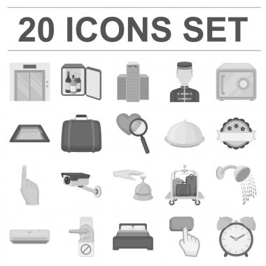 Otel ve ekipman tek renkli simgeler set koleksiyonu tasarım için. Otel ve konfor sembol stok web illüstrasyon vektör.