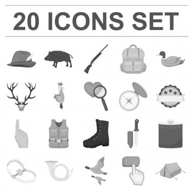 Avcılık ve kupa tek renkli simgeler set koleksiyonu tasarım için. Avcılık ve ekipman sembol stok web illüstrasyon vektör.